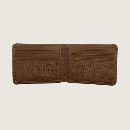 A brown textured leather bifold wallet for men with a thin red horizontal stripe across the center