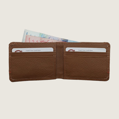 A brown textured leather bifold wallet for men with a thin red horizontal stripe across the center