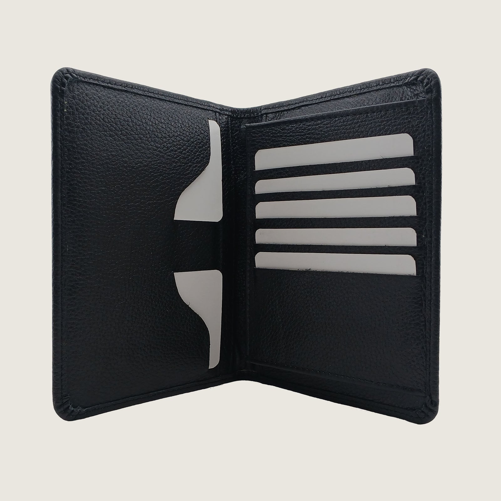 An open black leather bifold wallet with five card slots and a cardholder pocket on the inside, shown against a light beige background.