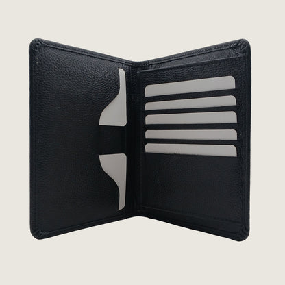 An open black leather bifold wallet with five card slots and a cardholder pocket on the inside, shown against a light beige background.
