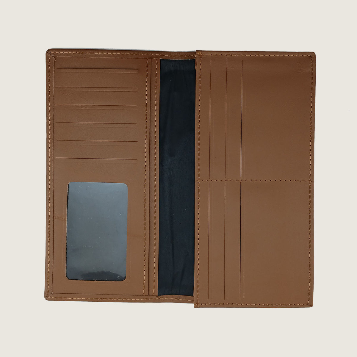 A brown leather bifold wallet shown open, featuring multiple card slots, a clear ID window, and a dark interior lining, set against a solid light beige background.