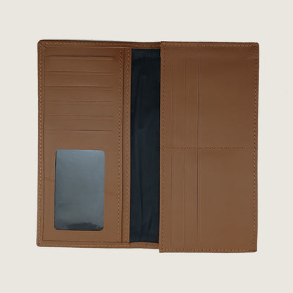 A brown leather bifold wallet shown open, featuring multiple card slots, a clear ID window, and a dark interior lining, set against a solid light beige background.