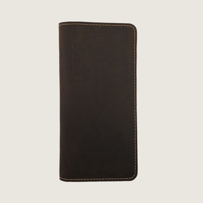 A dark brown leather wallet or card holder with light tan contrast stitching, shown flat against a light beige background.