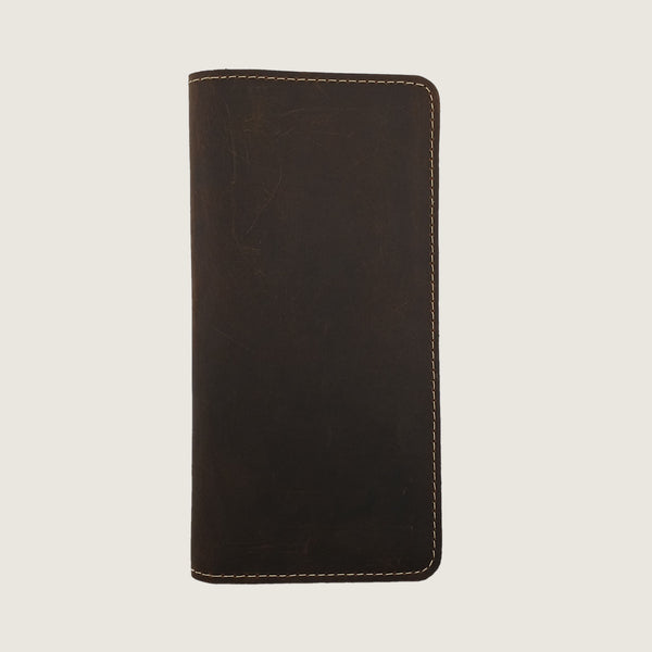 A dark brown leather wallet or card holder with light tan contrast stitching, shown flat against a light beige background.
