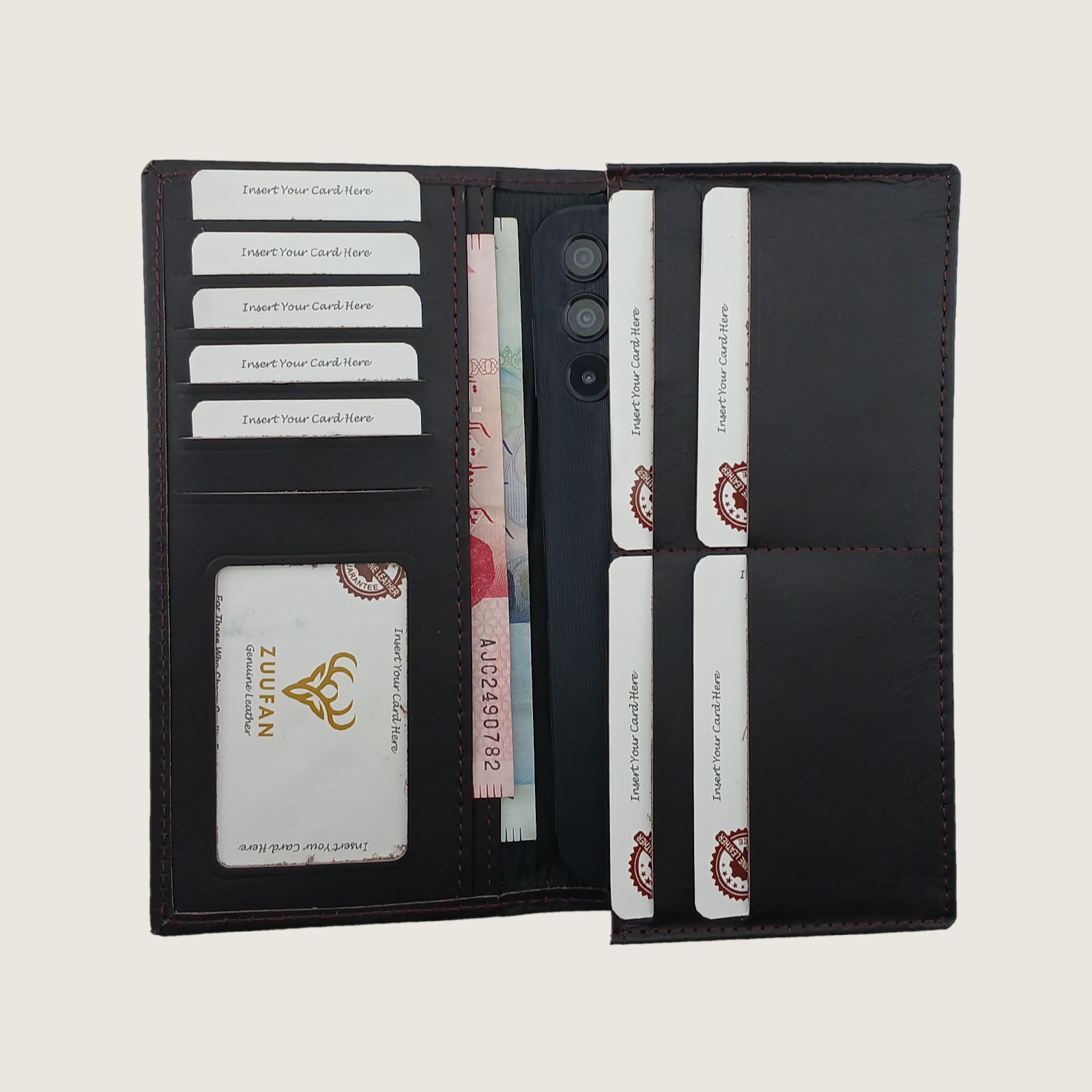 A black leather wallet shown open, displaying multiple card slots, a bill compartment, and a cardholder pocket. The wallet is shown with placeholder credit cards and a bank card inserted to demonstrate its capacity, set against a solid light beige background.