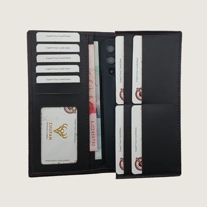 A black leather wallet shown open, displaying multiple card slots, a bill compartment, and a cardholder pocket. The wallet is shown with placeholder credit cards and a bank card inserted to demonstrate its capacity, set against a solid light beige background.