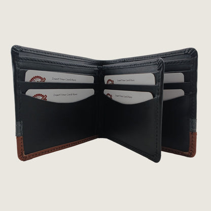 An open bi-fold wallet made of black leather with brown contrast stitching and trim, showing multiple card slots and card pockets, photographed against a light beige background.