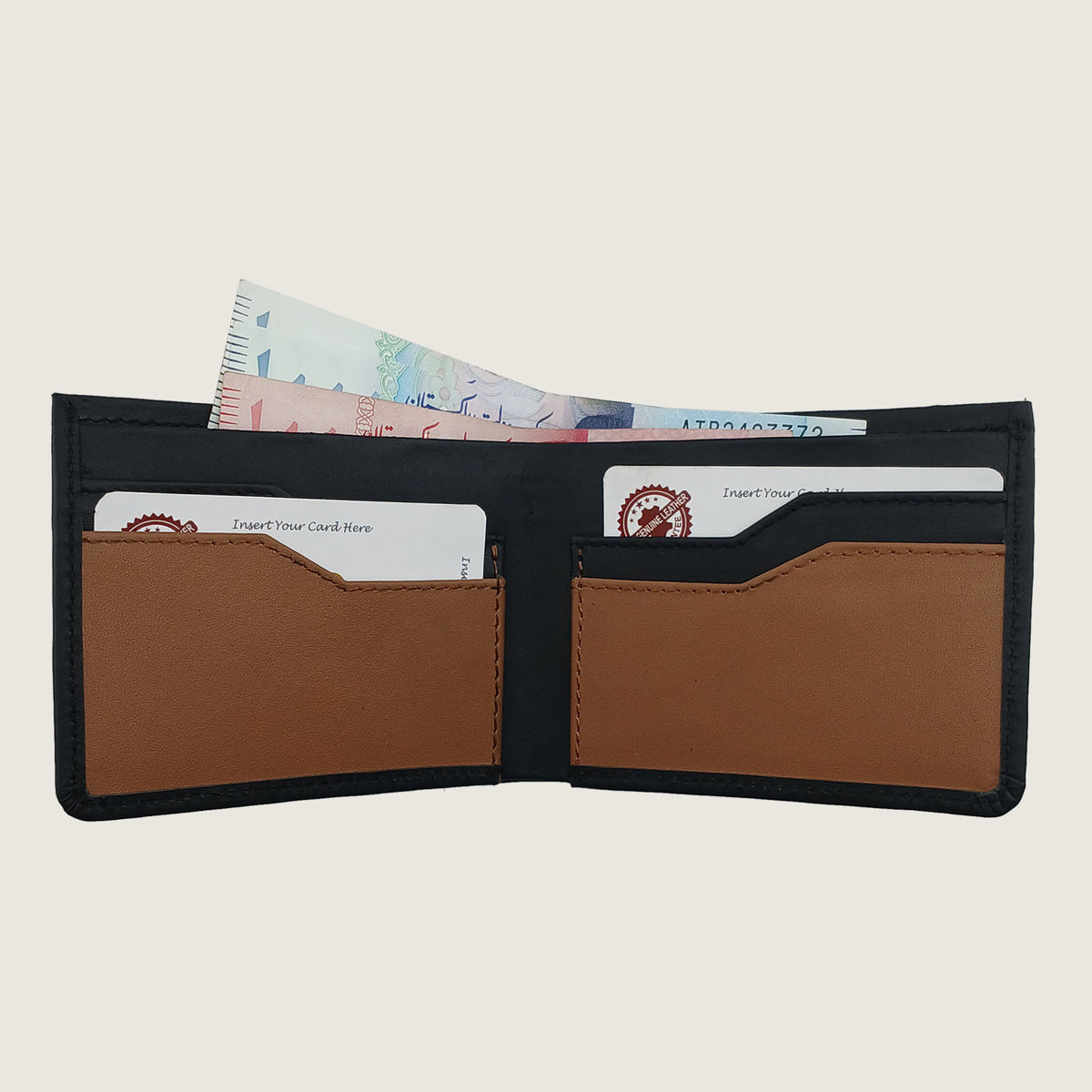 A black leather bifold wallet shown open, featuring  card slots on the inside, with sample cards and a banknote partially visible.