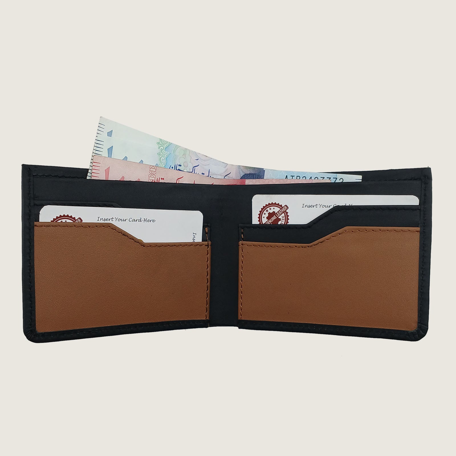 A black leather bifold wallet shown open, featuring  card slots on the inside, with sample cards and a banknote partially visible.
