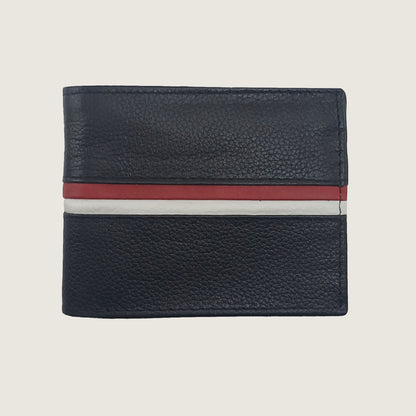 A pebbled leather bifold wallet in black, featuring a horizontal stripe design with a red band and a white stripe in the center, set against a light beige background.