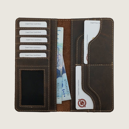 A dark brown leather wallet shown open, displaying its interior layout with card slots, an ID window, and card pockets on a light beige background.